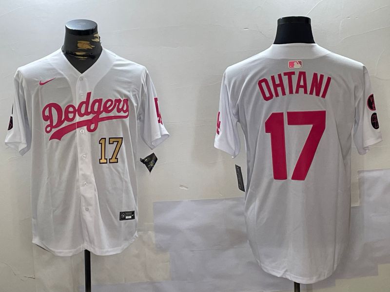 Men Los Angeles Dodgers 17 Ohtani White pink joint name 2024 Nike MLB Jersey style 10275